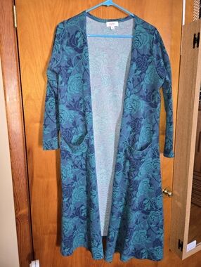 LulaRoe Sarah Floral Open Long Cardigan in Teal and Navy, Medium